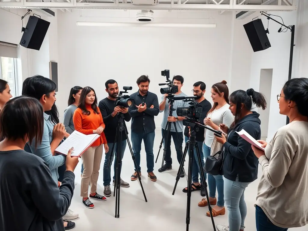 A diverse group of people participating in a cultural workshop or training session, learning how to use the equipment effectively.