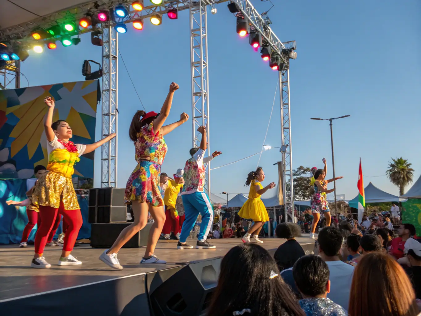 A vibrant image depicting a community event supported by APMAC, showcasing a well-lit stage with performers and an engaged audience, emphasizing the impact of APMAC's equipment loan program.