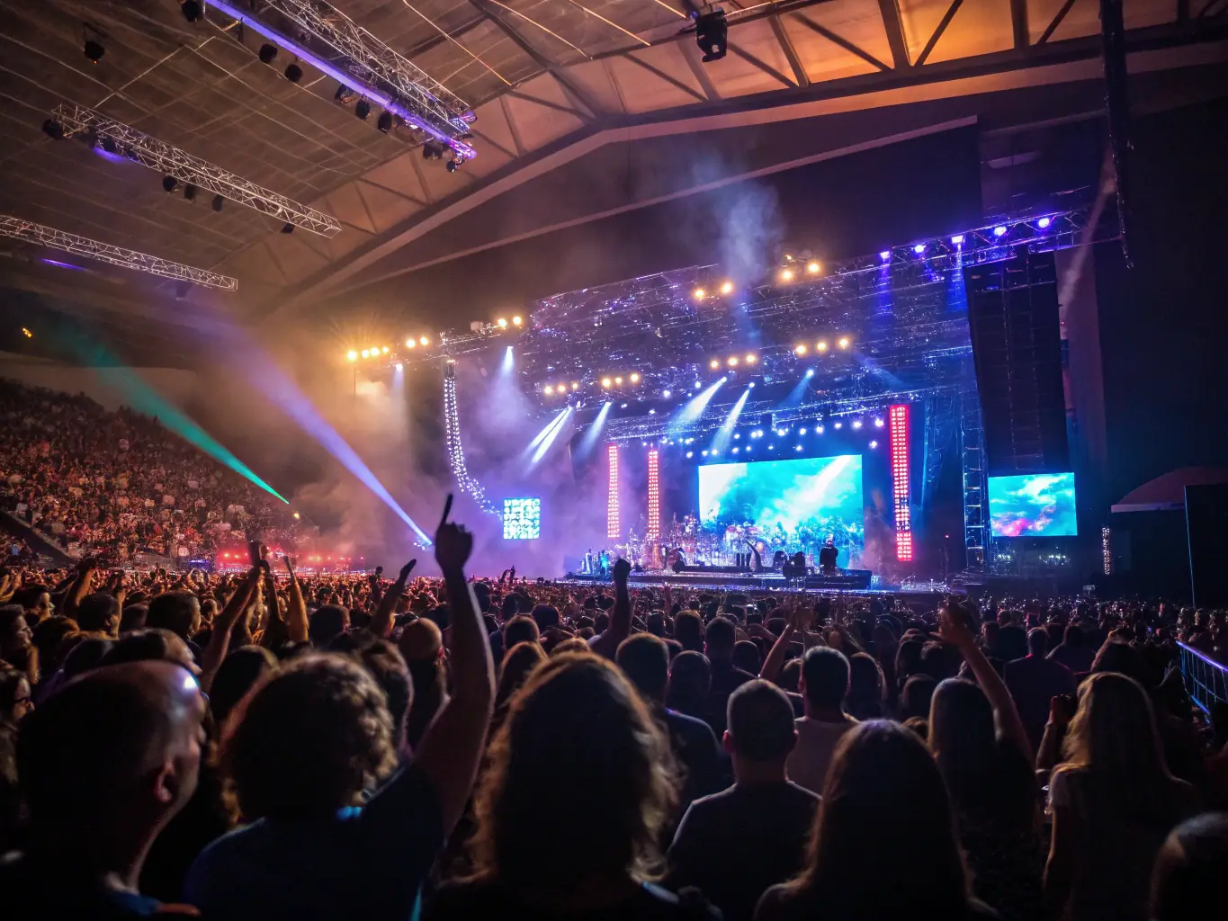 An image of a community event with a stage, sound system, and lighting setup, showcasing the equipment loan in action. The event is lively, with people enjoying a performance.