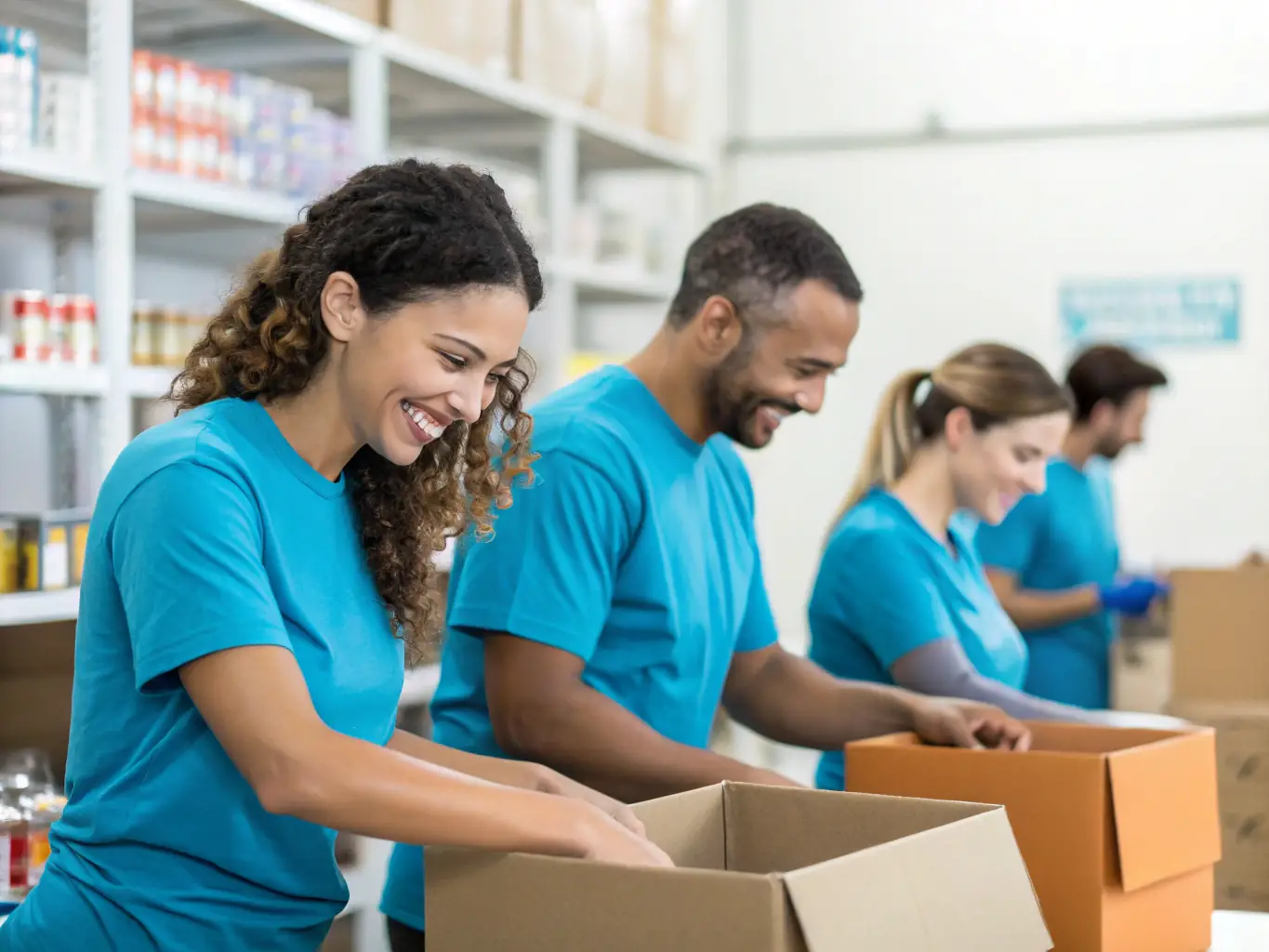 A photo of volunteers organizing and maintaining the equipment in a warehouse, ensuring it is in top condition for lending.